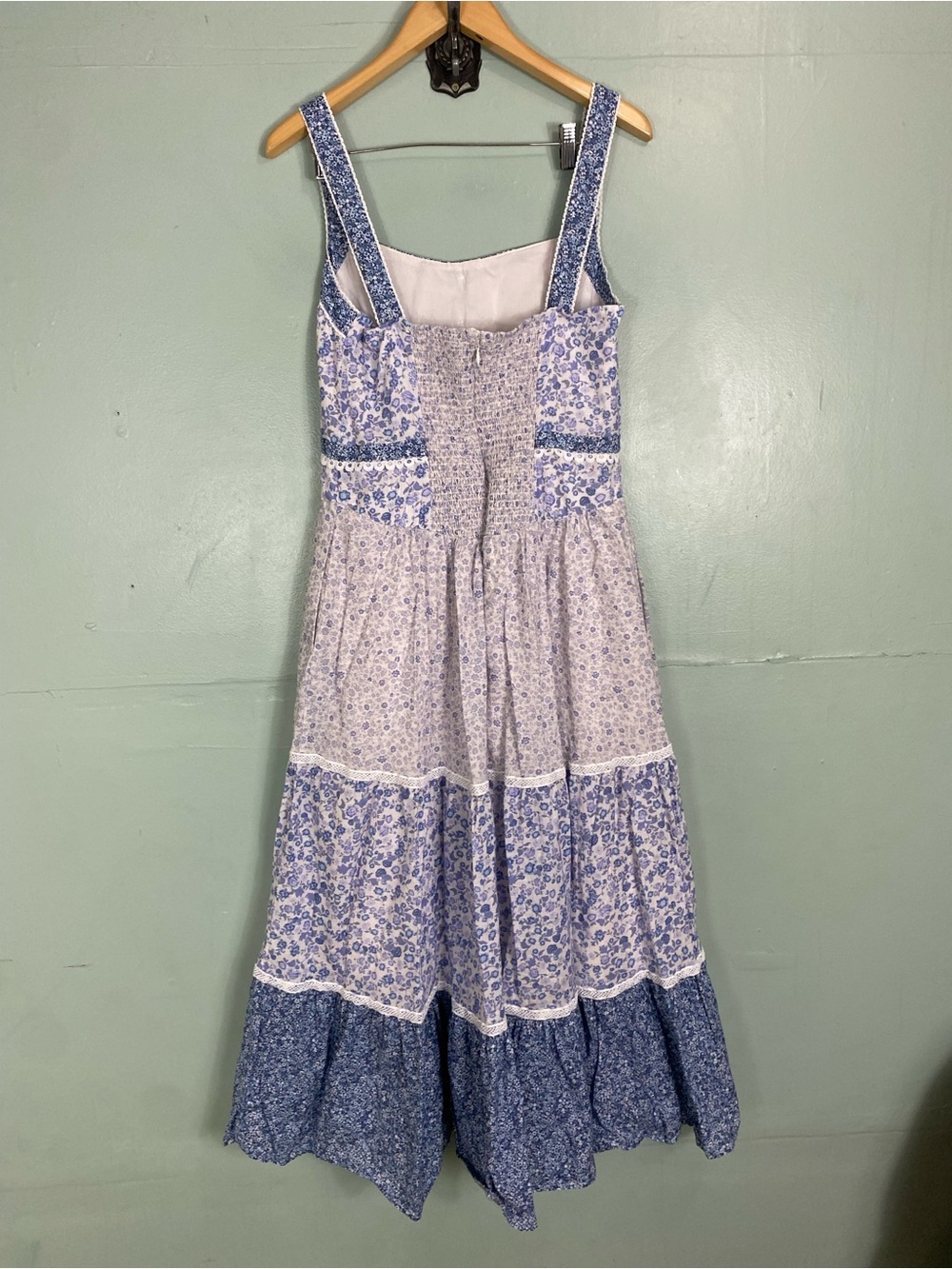 Anthropologie Printed Pintuck Sleeveless Dress Tiered Sundress Blue Sz L Floral - Picture 4 of 6